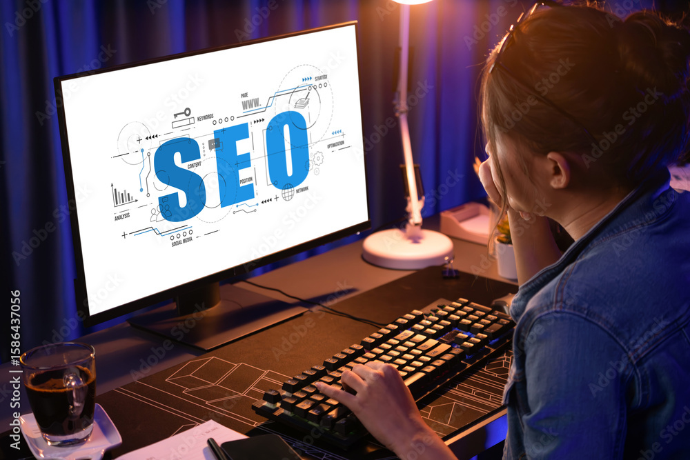 Poster seo search engine optimization for brisk e-commerce and online retail business showing on computer s