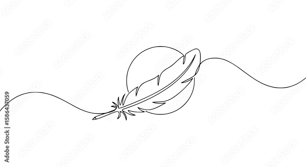Poster minimalist single line outline vector of a feather with circle