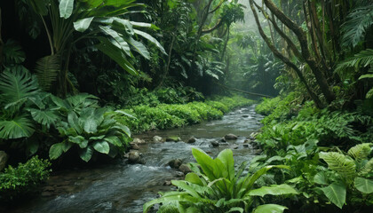 A lush, verdant rainforest scene features a flowing stream, surrounded by dense foliage.