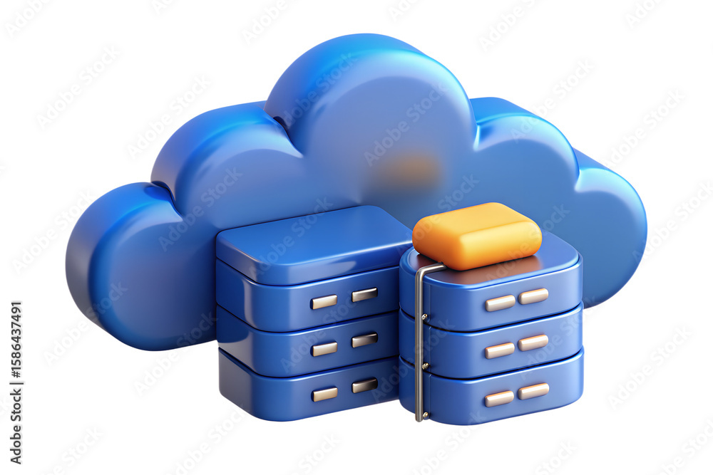 Poster a stylized cloud connected to two blue database servers with yellow and green connectors on a black 