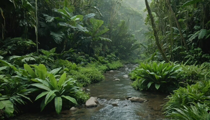 A stream flows through a lush, green rainforest with dense vegetation and misty atmosphere.