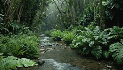 Lush tropical rainforest with a flowing creek, dense foliage, and misty atmosphere.