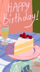 A charming hand-drawn birthday illustration featuring a slice of cake on a plate with a glass beside it on a table, complete with a cheerful Happy Birthday message. The inviting and festive design is