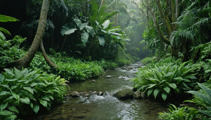 Lush tropical rainforest scene featuring a flowing stream, dense foliage.