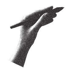 Hand hold stylus. Pen, stylus, hand in photocopy style. Stipplism effect. Trendy Y2K design element. For collage, posters, design decoration