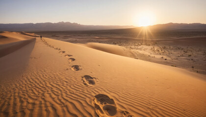 Sunrise over a desert dune landscape with footprints leading into the distance.