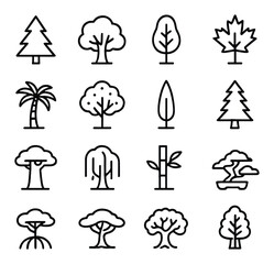 Fototapeta premium Minimalist tree icon collection: simple linear tree, palm, bamboo, bonsai, willow