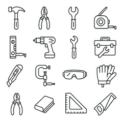 Obraz premium Diy tools icon collection. handyman tools silhouette. hammer, drill, wrench, saw, toolbox, tape, gloves