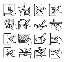 Hand gesture icon collection. home and tool uses linear hands, furniture, light, switch, screwdriver