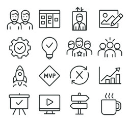 Startup icon collection: simple linear design. team, graph, rocket, mvp, coffee, chart