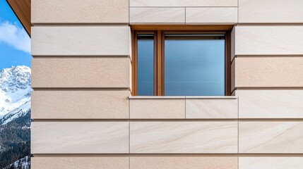 Stone Tile Wall with Wooden Framed Window Reflecting Mountain View, Exterior ,Architecture