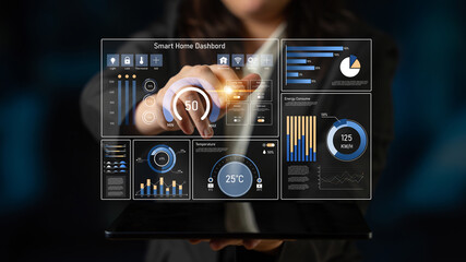 Smart home dashboard manages IoT system. Smart home dashboard controls temperature, dashboard...