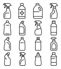 Cleaning products icon collection. minimalist linear style detergent, spray, bottle, cleaner