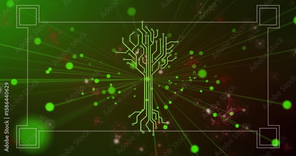 Poster neon lines moving inward starting circuit tree drawing with pulsing dots, beams showing data flow