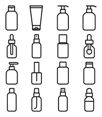 Cosmetic bottles icon collection: minimalistic linear skincare packaging, bottle, pump, dropper