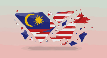 This artwork depicts the map of Malaysia with a broken design, showcasing fragments that reveal the national flag within.