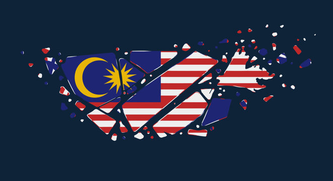 This artwork depicts the map of Malaysia with a broken design, showcasing fragments that reveal the national flag within.