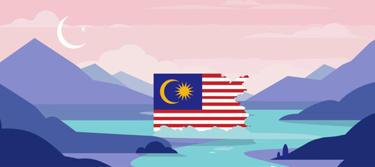 The Malaysian flag is displayed against a digital city skyline backdrop, highlighting the vibrant, modern city life during a national celebration.