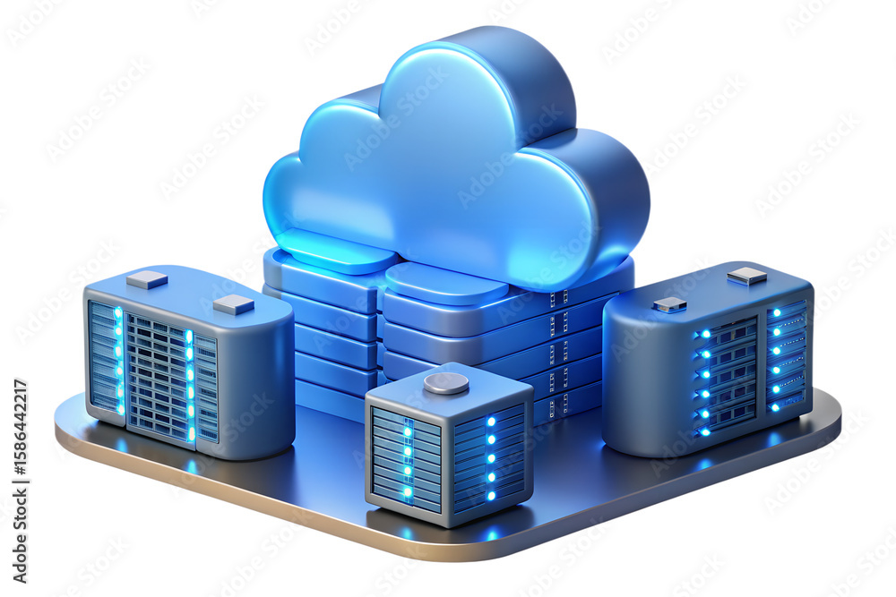 Poster a digital illustration of a cloud computing setup with servers and a cloud on a platform surface on 