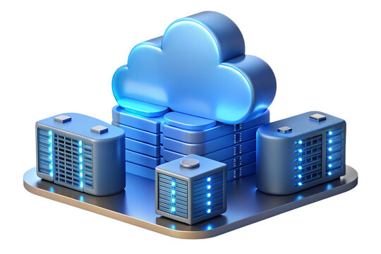 A digital illustration of a cloud computing setup with servers and a cloud on a platform surface on transparent background