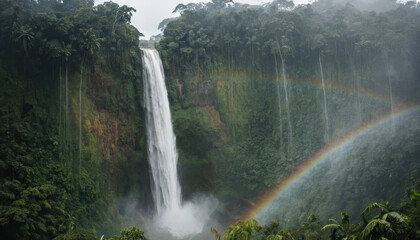 A powerful waterfall cascades down a lush, green cliff, with a vibrant rainbow arching across the scene.