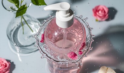 A bottle of pink liquid soap with water splashes and floating rose petals