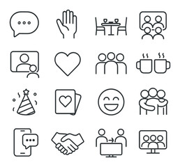 Minimalist social icon collection. simple linear chat, handshake, heart, coffee, party hat,