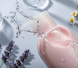 A pink skincare product bottle with a splash of water, and natural elements