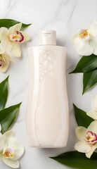 A beauty product bottle with bubbles, surrounded by white orchids and leaves