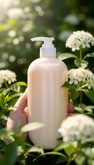 A hand holds a peach-colored lotion bottle in a garden of white flowers
