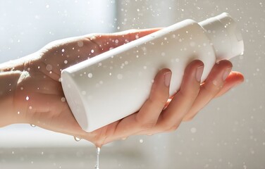 A hand holds a white product bottle under a shower of water droplets