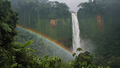 A vibrant rainbow arcs across a lush, green landscape, leading to a tall, cascading waterfall.