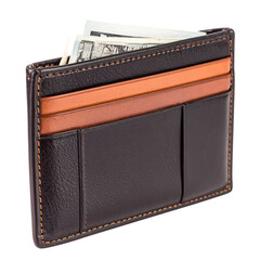 Stylish black leather wallet with multiple card slots and cash compartment holding paper currency on white background