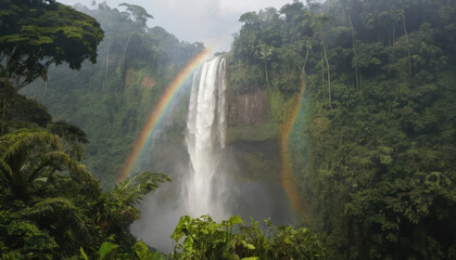 A vibrant waterfall cascading down a cliff face, framed by a lush rainforest, with a double rainbow arching across the scene.