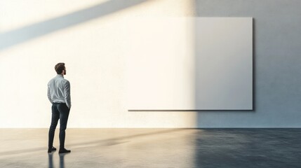 Man viewing blank canvas in modern gallery