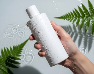 A hand holds a white product bottle covered in water droplets and green leaves