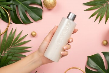 A hand holds a pearlescent beauty product bottle on a pink background with plants