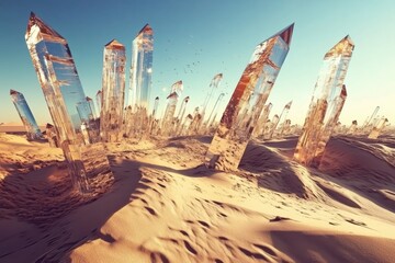 Desert landscape with giant crystal structures jutting from sand surreal sci-fi composition