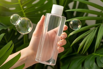 A hand holds a clear plastic bottle of shampoo with leaves and bubbles