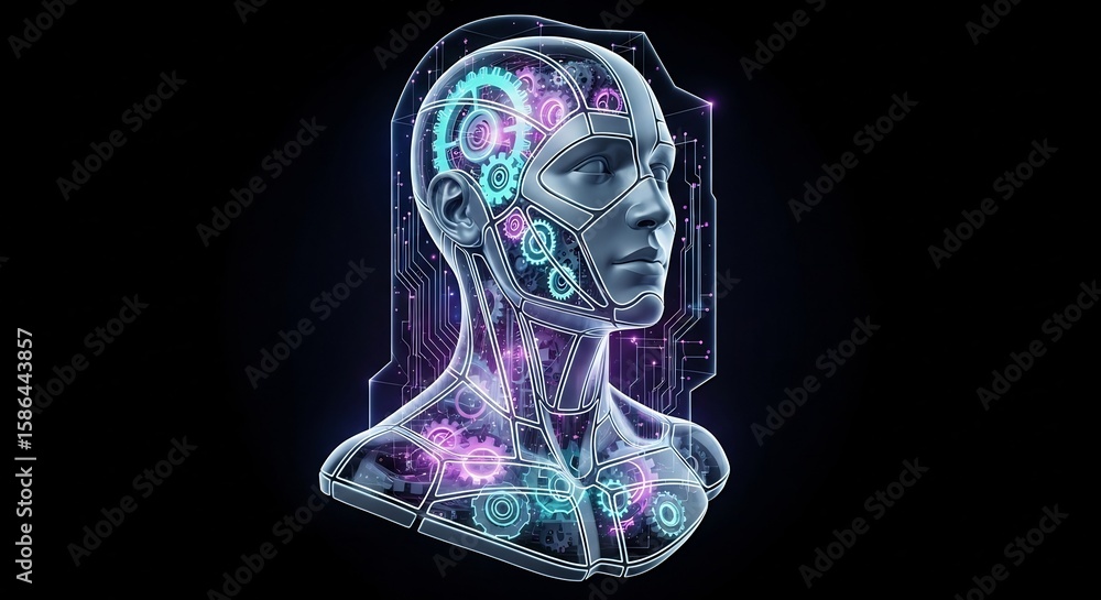 Poster ai robot head with gears and circuit board futuristic technology artificial intelligence concept