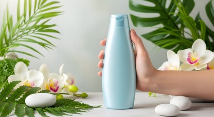 A hand holds a blue bottle of shampoo or soap with leaves and white orchids