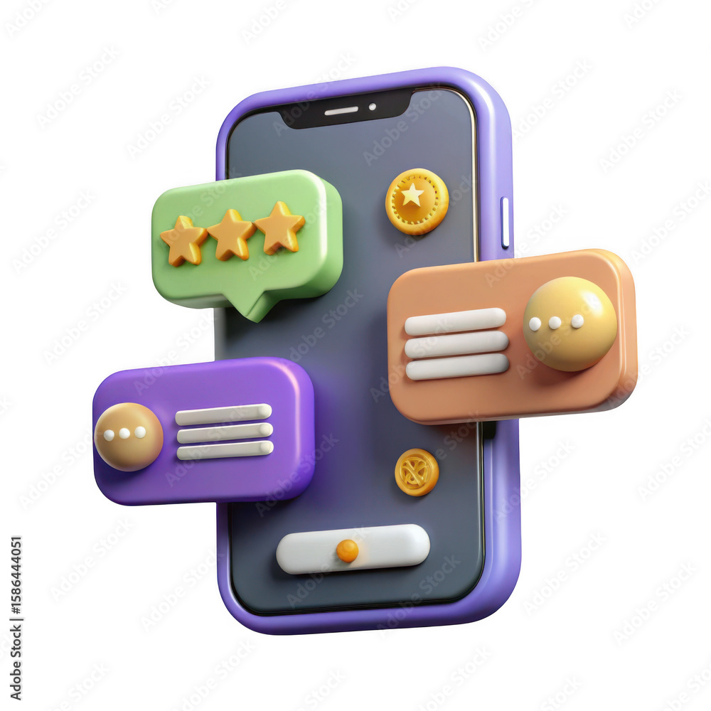 Poster 3d smartphone with chat bubbles stars coins and user interface elements isolated on transparent back