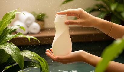 A person holds a bottle of shampoo or soap in a spa-like setting with water