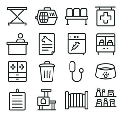 Vet clinic icon collection: minimalist linear veterinary tools. table, carrier, chair, sign, reception, document, x-ray, cage, medicine