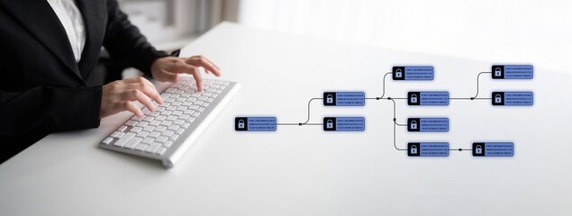 Blockchain structure showing distributed data blocks linked with encryption, representing secure...