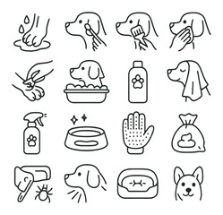 Dog grooming icon collection. pet care linear icons: bath, brush, scissors, shampoo, comb