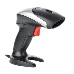 Handheld barcode scanner with ergonomic design, wireless functionality, and adjustable stand for inventory management and retail data collection