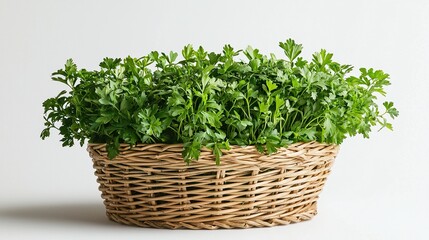 Fototapeta premium Fresh parsley displayed in a woven basket, showcasing vibrant green leaves against a light background