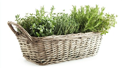 Fototapeta premium Fresh parsley displayed in a woven basket, showcasing vibrant green leaves against a light background