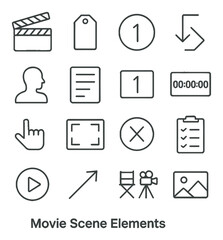 Minimal movie scene icon collection. linear film elements: clapperboard, play, camera, timer, list, tag, arrows